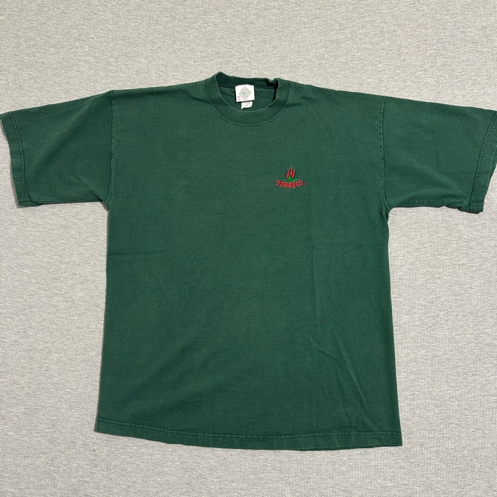 Vintage Tabasco Hot Sauce Embroidered Left Chest Logo Tee Forest Green X-Large